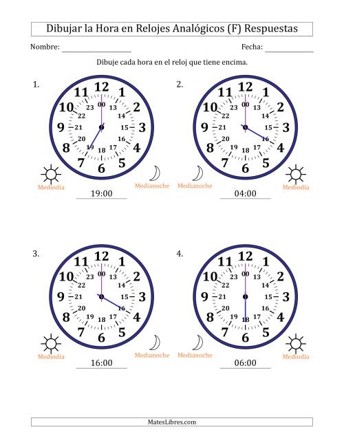 La hoja de ejercicios de Representar la Hora en Relojes Analógicos de 24 Horas en Intervalos de 1 Hora (4 Relojes Grandes) (F) Página 2