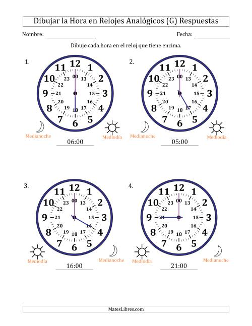 La hoja de ejercicios de Representar la Hora en Relojes Analógicos de 24 Horas en Intervalos de 1 Hora (4 Relojes Grandes) (G) Página 2