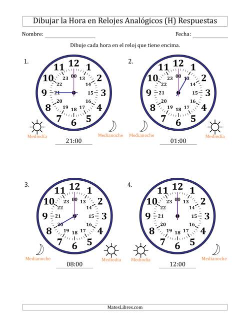 La hoja de ejercicios de Representar la Hora en Relojes Analógicos de 24 Horas en Intervalos de 1 Hora (4 Relojes Grandes) (H) Página 2