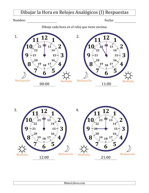 La hoja de ejercicios de Representar la Hora en Relojes Analógicos de 24 Horas en Intervalos de 1 Hora (4 Relojes Grandes) (I) Página 2