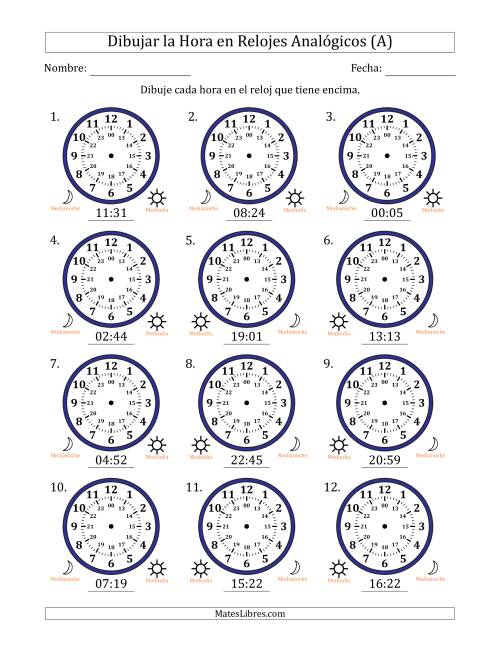 La hoja de ejercicios de Representar la Hora en Relojes Analógicos de 24 Horas en Intervalos de 1 Minuto (12 Relojes) (A)