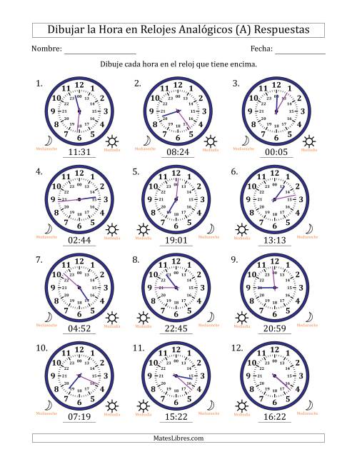 La hoja de ejercicios de Representar la Hora en Relojes Analógicos de 24 Horas en Intervalos de 1 Minuto (12 Relojes) (A) Página 2