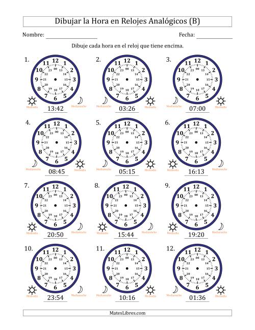 La hoja de ejercicios de Representar la Hora en Relojes Analógicos de 24 Horas en Intervalos de 1 Minuto (12 Relojes) (B)