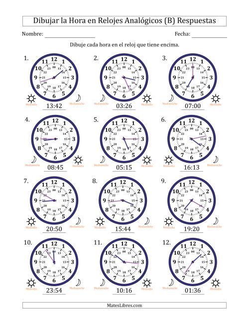 La hoja de ejercicios de Representar la Hora en Relojes Analógicos de 24 Horas en Intervalos de 1 Minuto (12 Relojes) (B) Página 2