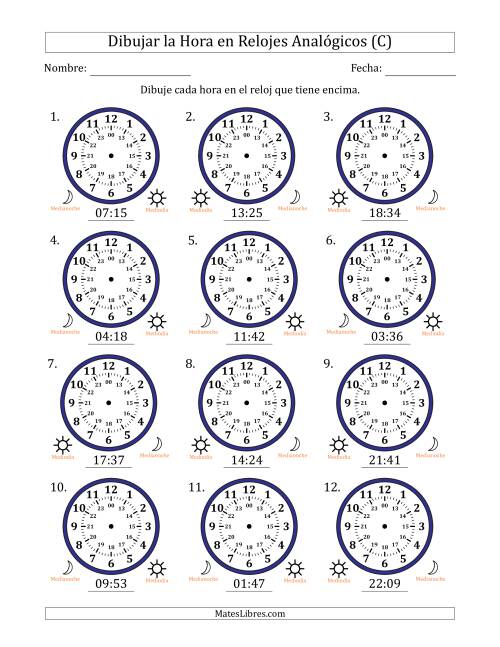 La hoja de ejercicios de Representar la Hora en Relojes Analógicos de 24 Horas en Intervalos de 1 Minuto (12 Relojes) (C)