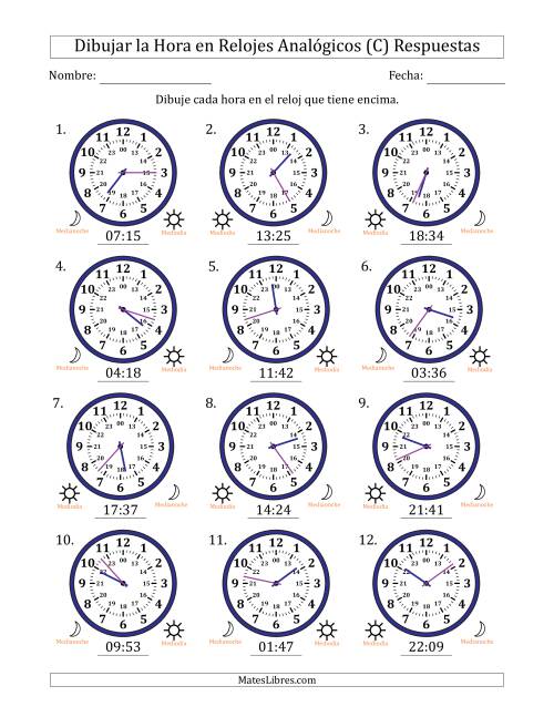 La hoja de ejercicios de Representar la Hora en Relojes Analógicos de 24 Horas en Intervalos de 1 Minuto (12 Relojes) (C) Página 2
