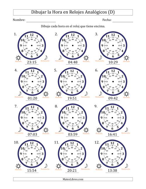 La hoja de ejercicios de Representar la Hora en Relojes Analógicos de 24 Horas en Intervalos de 1 Minuto (12 Relojes) (D)