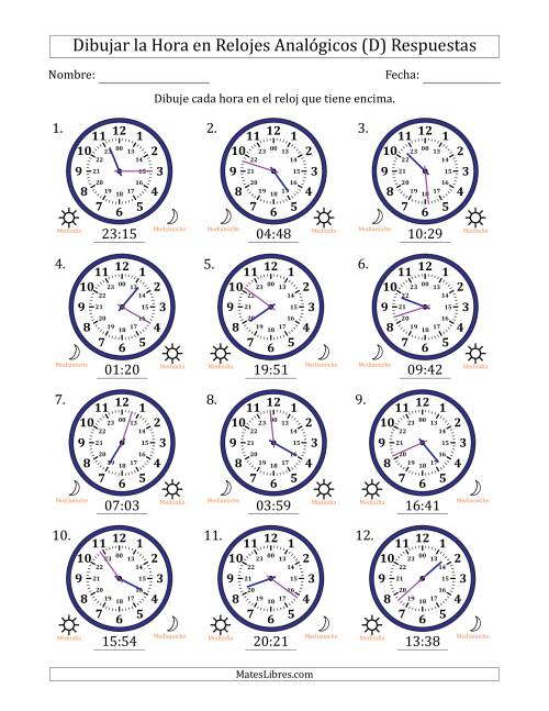 La hoja de ejercicios de Representar la Hora en Relojes Analógicos de 24 Horas en Intervalos de 1 Minuto (12 Relojes) (D) Página 2