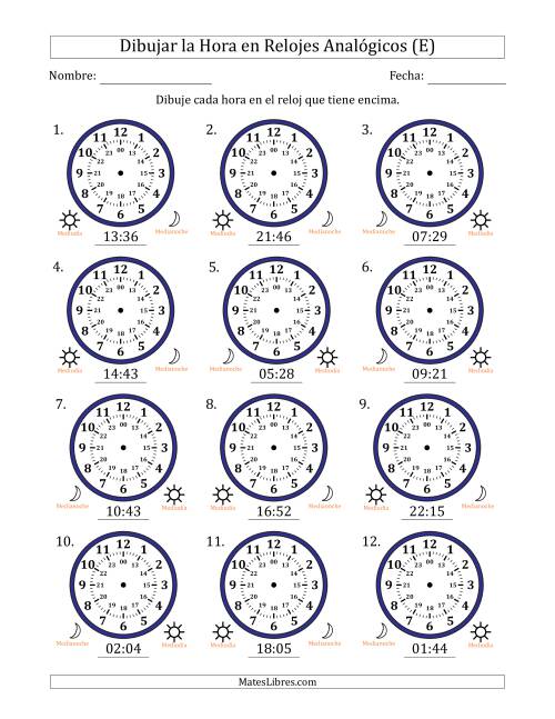 La hoja de ejercicios de Representar la Hora en Relojes Analógicos de 24 Horas en Intervalos de 1 Minuto (12 Relojes) (E)
