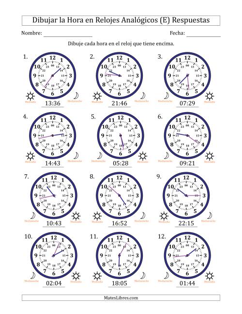 La hoja de ejercicios de Representar la Hora en Relojes Analógicos de 24 Horas en Intervalos de 1 Minuto (12 Relojes) (E) Página 2