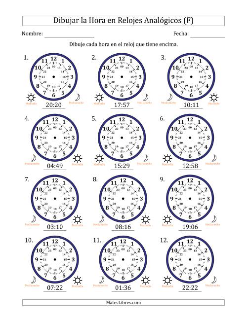 La hoja de ejercicios de Representar la Hora en Relojes Analógicos de 24 Horas en Intervalos de 1 Minuto (12 Relojes) (F)