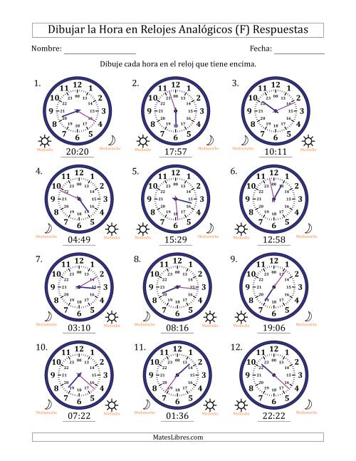 La hoja de ejercicios de Representar la Hora en Relojes Analógicos de 24 Horas en Intervalos de 1 Minuto (12 Relojes) (F) Página 2