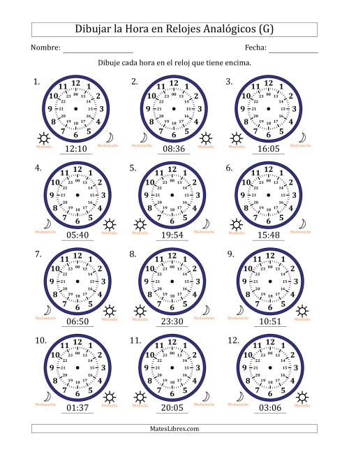La hoja de ejercicios de Representar la Hora en Relojes Analógicos de 24 Horas en Intervalos de 1 Minuto (12 Relojes) (G)