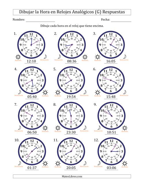 La hoja de ejercicios de Representar la Hora en Relojes Analógicos de 24 Horas en Intervalos de 1 Minuto (12 Relojes) (G) Página 2