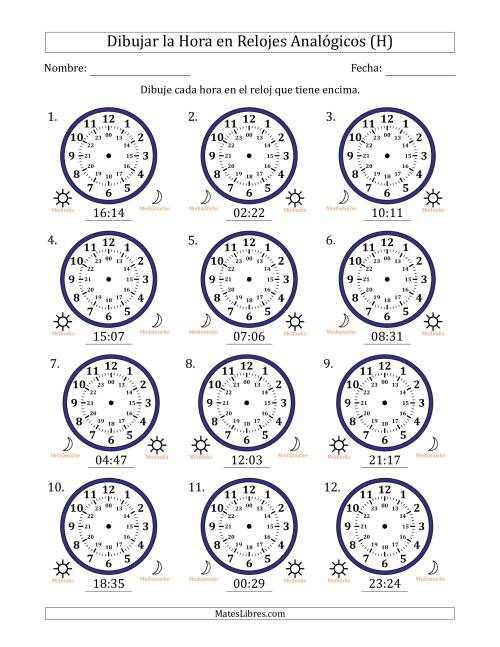 La hoja de ejercicios de Representar la Hora en Relojes Analógicos de 24 Horas en Intervalos de 1 Minuto (12 Relojes) (H)