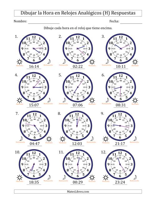 La hoja de ejercicios de Representar la Hora en Relojes Analógicos de 24 Horas en Intervalos de 1 Minuto (12 Relojes) (H) Página 2