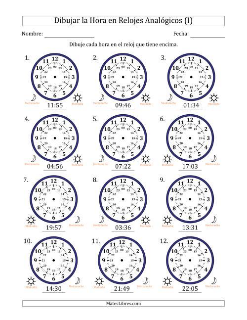 La hoja de ejercicios de Representar la Hora en Relojes Analógicos de 24 Horas en Intervalos de 1 Minuto (12 Relojes) (I)