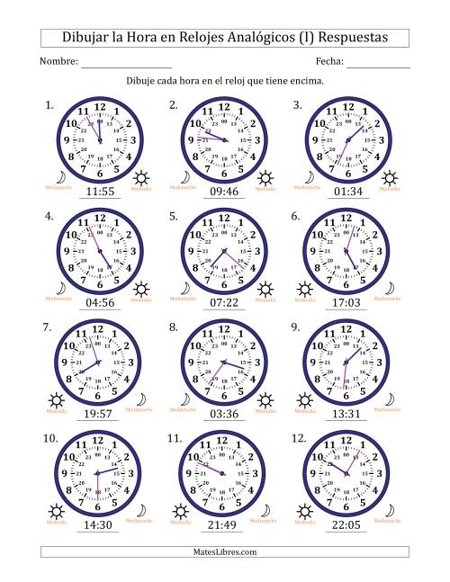 La hoja de ejercicios de Representar la Hora en Relojes Analógicos de 24 Horas en Intervalos de 1 Minuto (12 Relojes) (I) Página 2