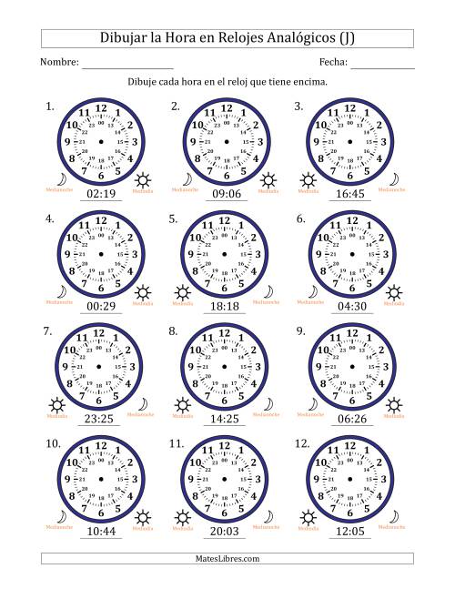 La hoja de ejercicios de Representar la Hora en Relojes Analógicos de 24 Horas en Intervalos de 1 Minuto (12 Relojes) (J)