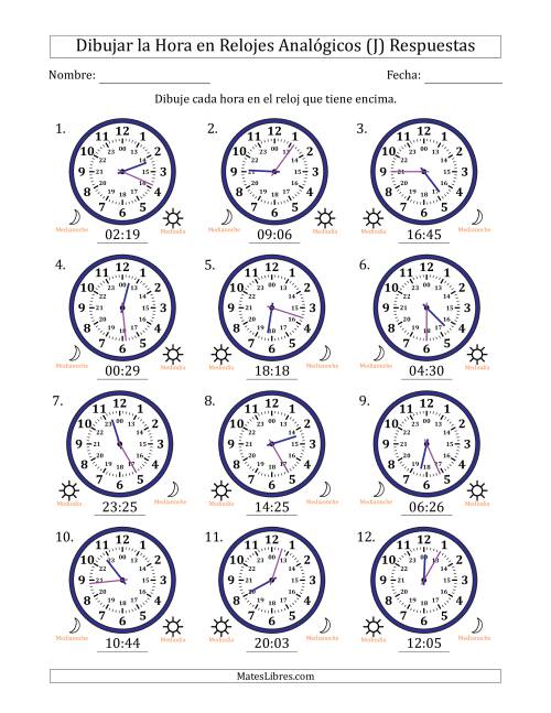 La hoja de ejercicios de Representar la Hora en Relojes Analógicos de 24 Horas en Intervalos de 1 Minuto (12 Relojes) (J) Página 2