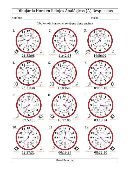 La hoja de ejercicios de Representar la Hora en Relojes Analógicos de 24 Horas en Intervalos de 1 Segundo (12 Relojes) (A) Página 2