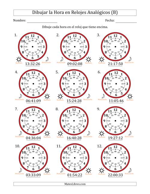 La hoja de ejercicios de Representar la Hora en Relojes Analógicos de 24 Horas en Intervalos de 1 Segundo (12 Relojes) (B)