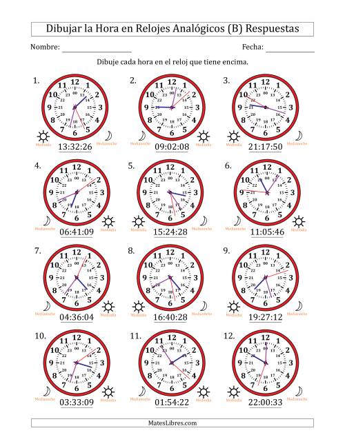 La hoja de ejercicios de Representar la Hora en Relojes Analógicos de 24 Horas en Intervalos de 1 Segundo (12 Relojes) (B) Página 2