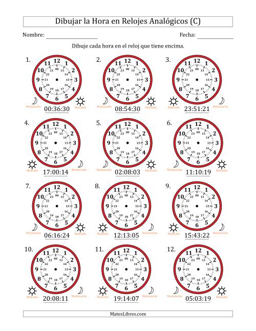 La hoja de ejercicios de Representar la Hora en Relojes Analógicos de 24 Horas en Intervalos de 1 Segundo (12 Relojes) (C)