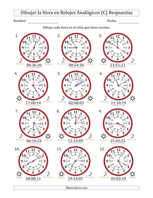 La hoja de ejercicios de Representar la Hora en Relojes Analógicos de 24 Horas en Intervalos de 1 Segundo (12 Relojes) (C) Página 2