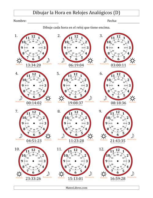 La hoja de ejercicios de Representar la Hora en Relojes Analógicos de 24 Horas en Intervalos de 1 Segundo (12 Relojes) (D)