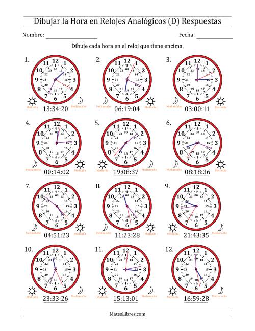 La hoja de ejercicios de Representar la Hora en Relojes Analógicos de 24 Horas en Intervalos de 1 Segundo (12 Relojes) (D) Página 2
