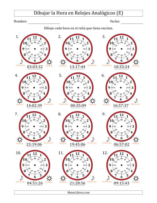 La hoja de ejercicios de Representar la Hora en Relojes Analógicos de 24 Horas en Intervalos de 1 Segundo (12 Relojes) (E)
