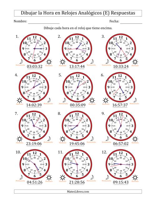 La hoja de ejercicios de Representar la Hora en Relojes Analógicos de 24 Horas en Intervalos de 1 Segundo (12 Relojes) (E) Página 2