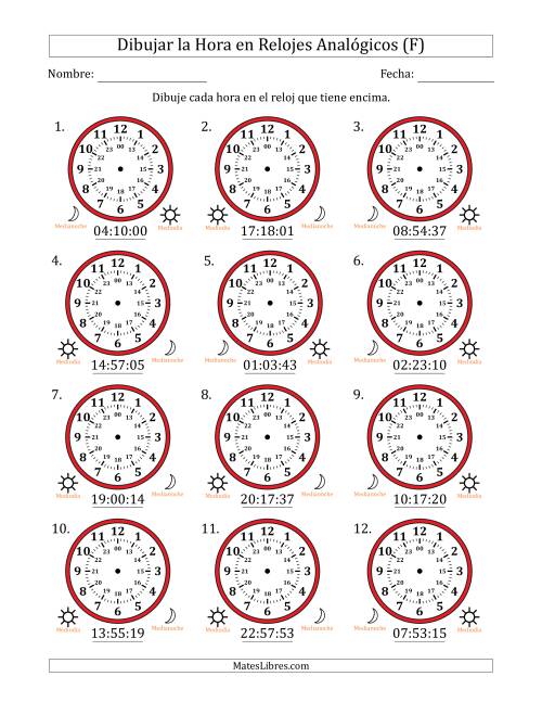 La hoja de ejercicios de Representar la Hora en Relojes Analógicos de 24 Horas en Intervalos de 1 Segundo (12 Relojes) (F)