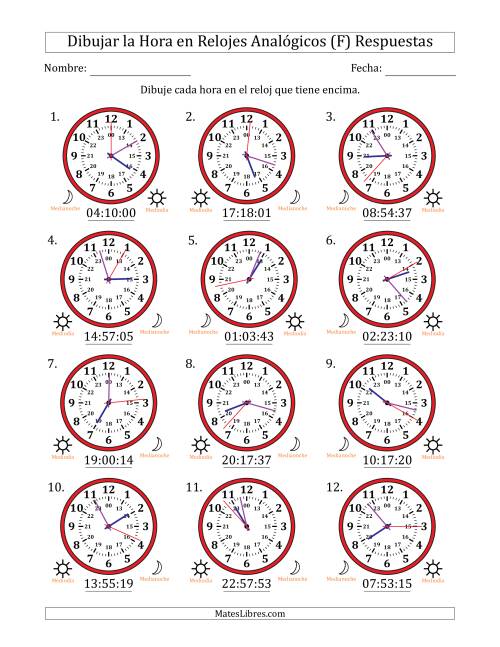 La hoja de ejercicios de Representar la Hora en Relojes Analógicos de 24 Horas en Intervalos de 1 Segundo (12 Relojes) (F) Página 2