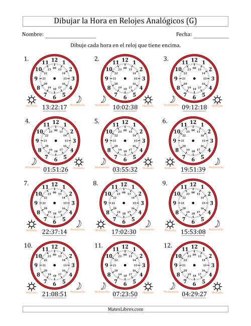 La hoja de ejercicios de Representar la Hora en Relojes Analógicos de 24 Horas en Intervalos de 1 Segundo (12 Relojes) (G)