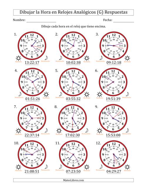 La hoja de ejercicios de Representar la Hora en Relojes Analógicos de 24 Horas en Intervalos de 1 Segundo (12 Relojes) (G) Página 2