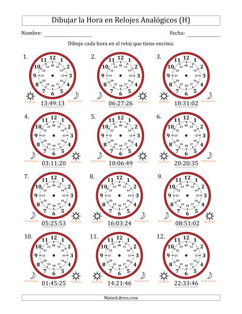 La hoja de ejercicios de Representar la Hora en Relojes Analógicos de 24 Horas en Intervalos de 1 Segundo (12 Relojes) (H)