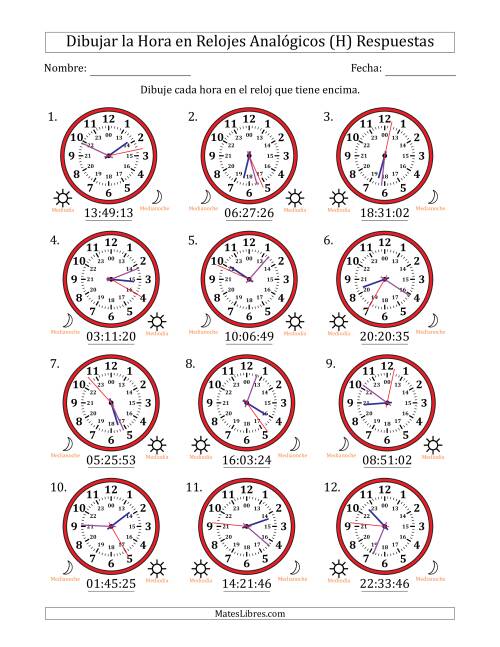 La hoja de ejercicios de Representar la Hora en Relojes Analógicos de 24 Horas en Intervalos de 1 Segundo (12 Relojes) (H) Página 2