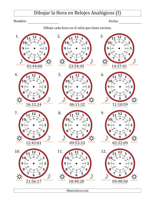 La hoja de ejercicios de Representar la Hora en Relojes Analógicos de 24 Horas en Intervalos de 1 Segundo (12 Relojes) (I)