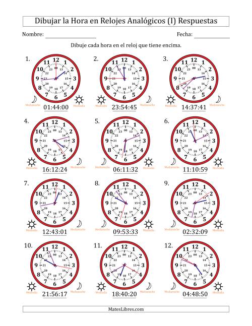 La hoja de ejercicios de Representar la Hora en Relojes Analógicos de 24 Horas en Intervalos de 1 Segundo (12 Relojes) (I) Página 2