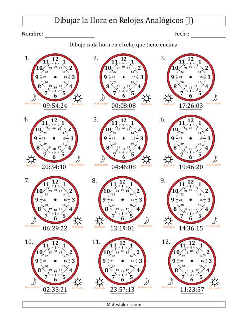La hoja de ejercicios de Representar la Hora en Relojes Analógicos de 24 Horas en Intervalos de 1 Segundo (12 Relojes) (J)