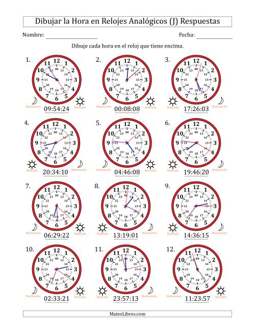 La hoja de ejercicios de Representar la Hora en Relojes Analógicos de 24 Horas en Intervalos de 1 Segundo (12 Relojes) (J) Página 2