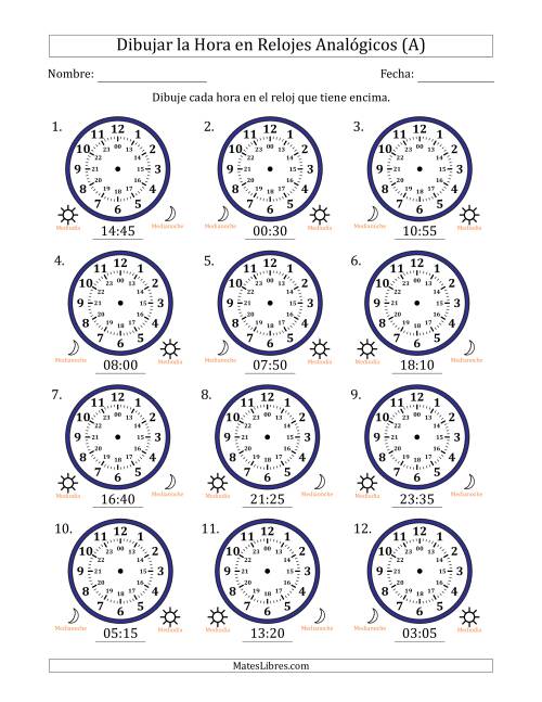La hoja de ejercicios de Representar la Hora en Relojes Analógicos de 24 Horas en Intervalos de 5 Minuto (12 Relojes) (A)