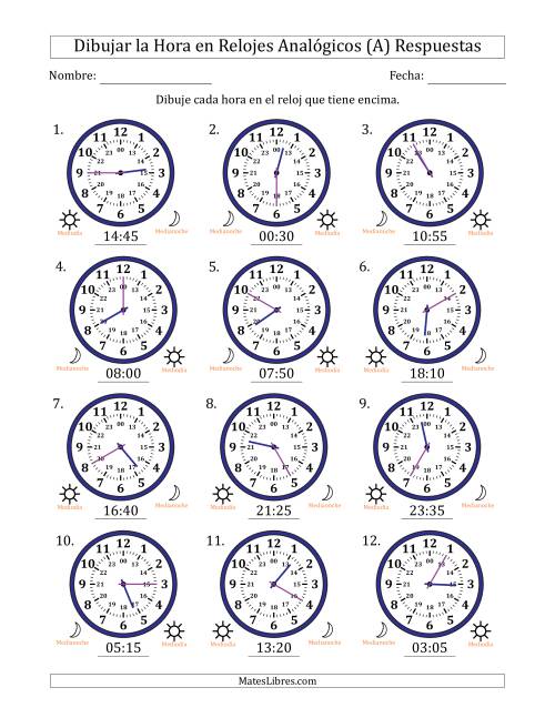 La hoja de ejercicios de Representar la Hora en Relojes Analógicos de 24 Horas en Intervalos de 5 Minuto (12 Relojes) (A) Página 2