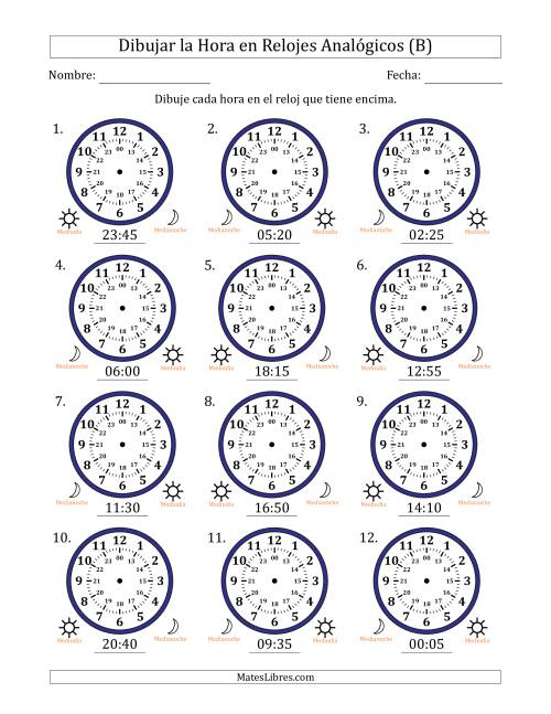 La hoja de ejercicios de Representar la Hora en Relojes Analógicos de 24 Horas en Intervalos de 5 Minuto (12 Relojes) (B)
