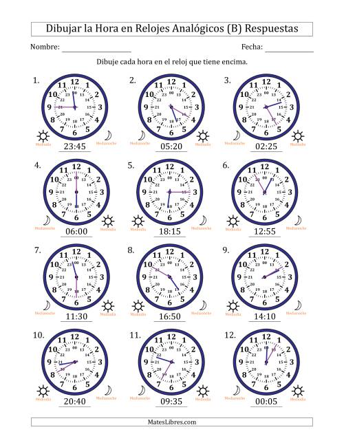 La hoja de ejercicios de Representar la Hora en Relojes Analógicos de 24 Horas en Intervalos de 5 Minuto (12 Relojes) (B) Página 2