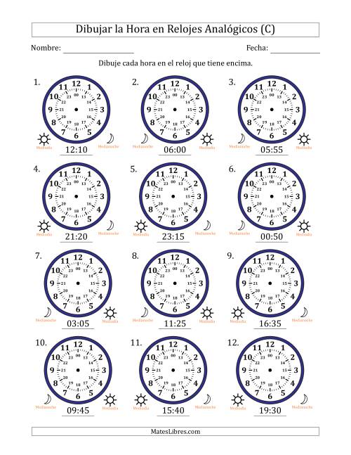 La hoja de ejercicios de Representar la Hora en Relojes Analógicos de 24 Horas en Intervalos de 5 Minuto (12 Relojes) (C)