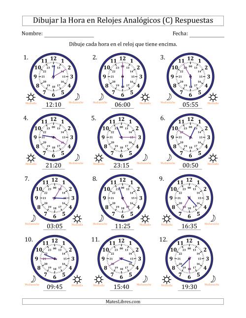 La hoja de ejercicios de Representar la Hora en Relojes Analógicos de 24 Horas en Intervalos de 5 Minuto (12 Relojes) (C) Página 2
