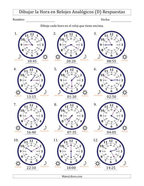 La hoja de ejercicios de Representar la Hora en Relojes Analógicos de 24 Horas en Intervalos de 5 Minuto (12 Relojes) (D) Página 2